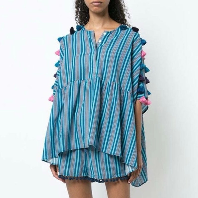 Figue Mia Top Women's Blue Boho Pom Tassle Trim Lounge Resortwear Riviera Tunic